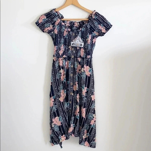 Angie Off the Shoulder black Hawaiian floral Button Down Flora Dress - Picture 1 of 7